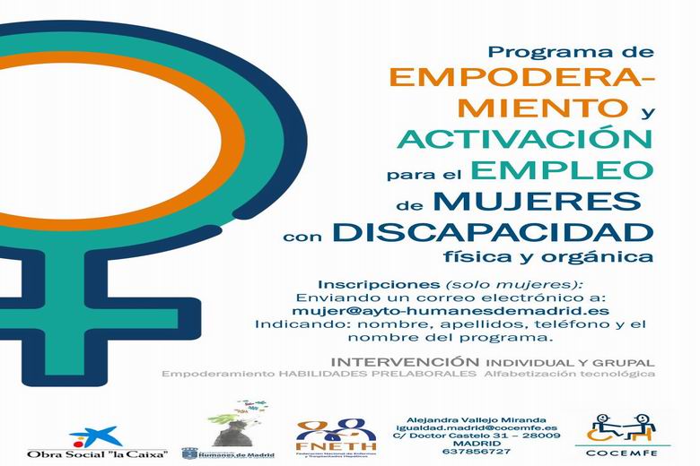 HUMANES DE MADRID. Curso gratuito online de empoderamiento y activación para el empleo dirigido a mujeres con discapacidad física y orgánica