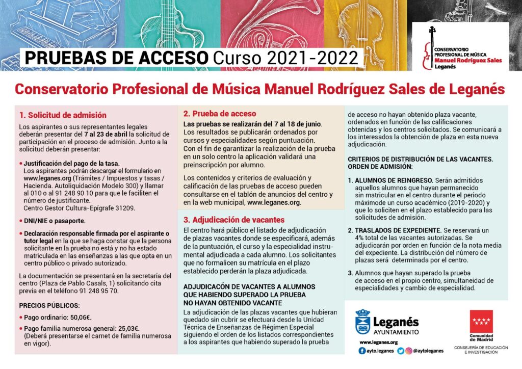 LEGANÉS. Abierto el proceso de solicitud para las pruebas de acceso al Conservatorio Profesional de Música “Manuel Rodríguez Sales”